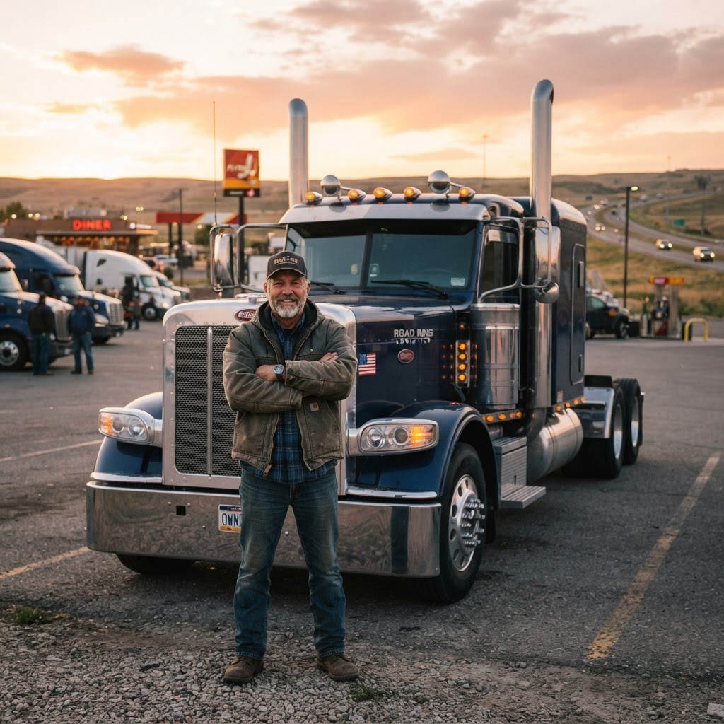 Owner-operator standing in front of his semi truck at sunset