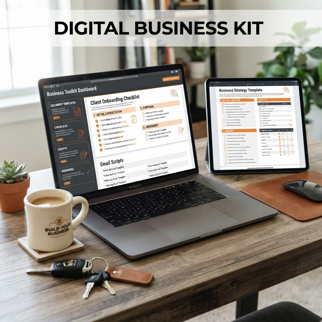 Preview of the Owner-Operator Startup Kit documents on a laptop and tablet